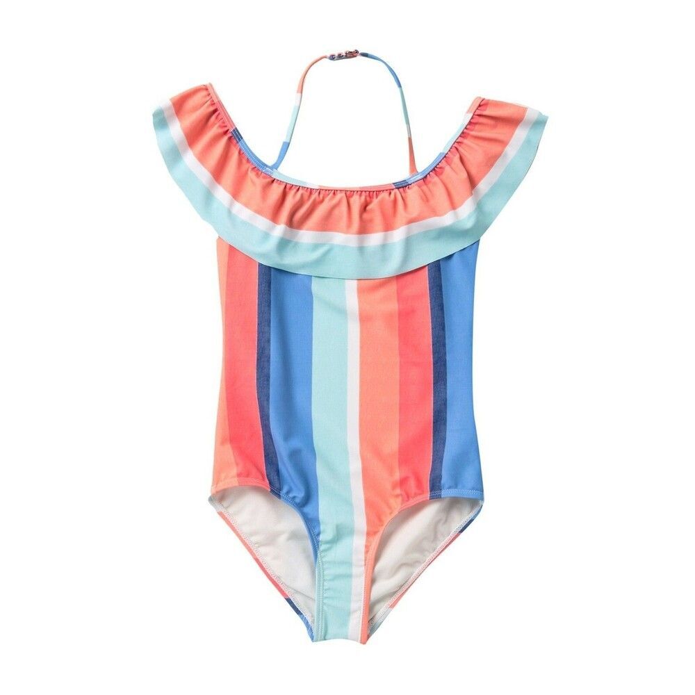 NEW Lucky Brand Delia One Piece Ruffled Swimsuit Girl's sz S / 7 Rainbow Striped